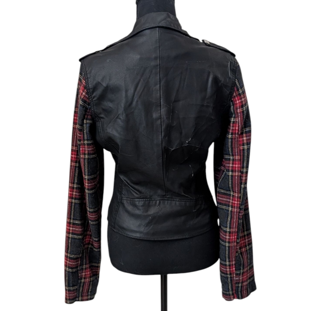FREE! Faux Leather Jacket With Plaid Sleeves - Picture 4 of 10